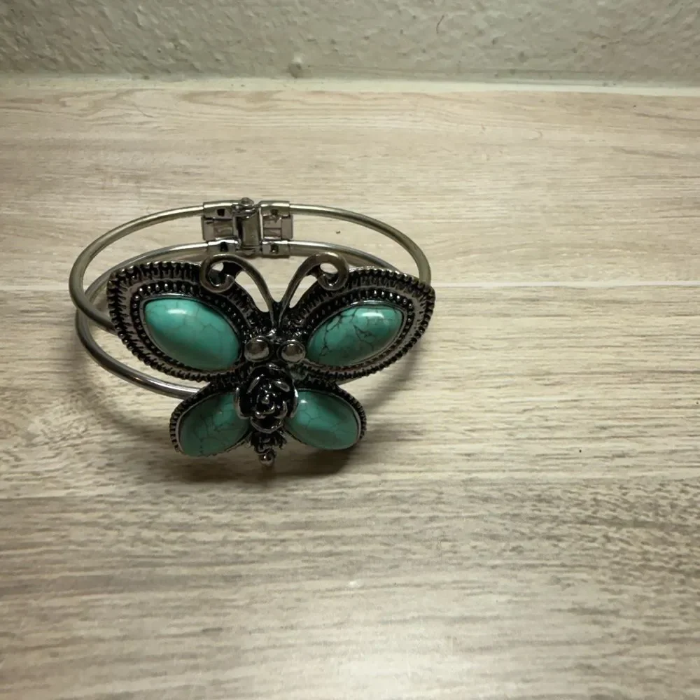 Butterfly Cuff Bracelet Silver Tone Turquoise Stones Boho Western Jewelry